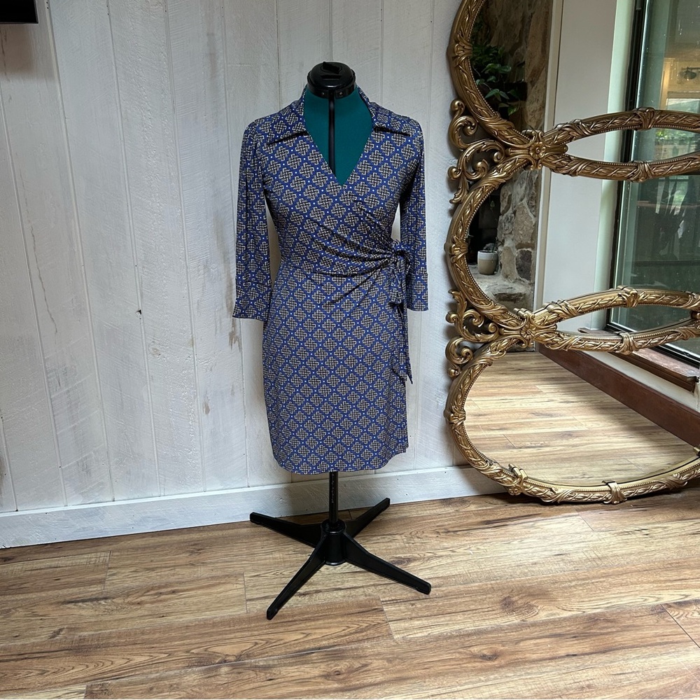 Blue patterned wrap dress